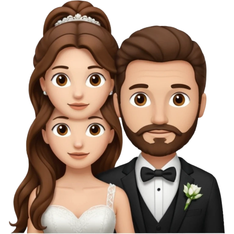 wedding couple woman with long straight brown hair and eyes man with long brown curly hair in pony tail and facial hair emoji