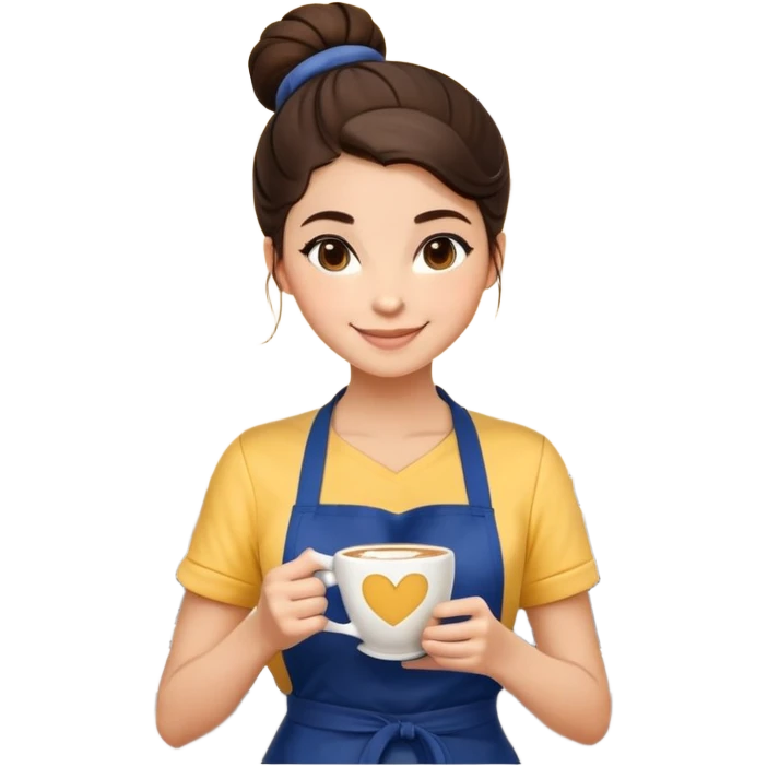Cute brunette barista girl with hair in a bun wearing yellow shirt and dark blue apron, she's relaxed and making heart-shaped latte art, smiling at the coffee cup with a heart design in the foam emoji
