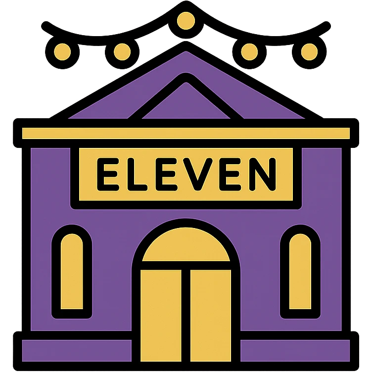 small simple icon of an elegant event venue building with the word 'ELEVEN' written on the front, purple gold and black accents, upscale modern style emoji