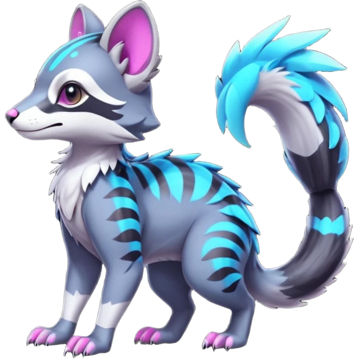 Colorful neon futuristic cyber tropical exotic cute cool beautiful shiny beautiful fantasy-civet-genet-sergal-vernid-Gryphon-Cacomistle-Trico-oncilla-animal-Fakémon-hybrid-fursona (full body) emoji