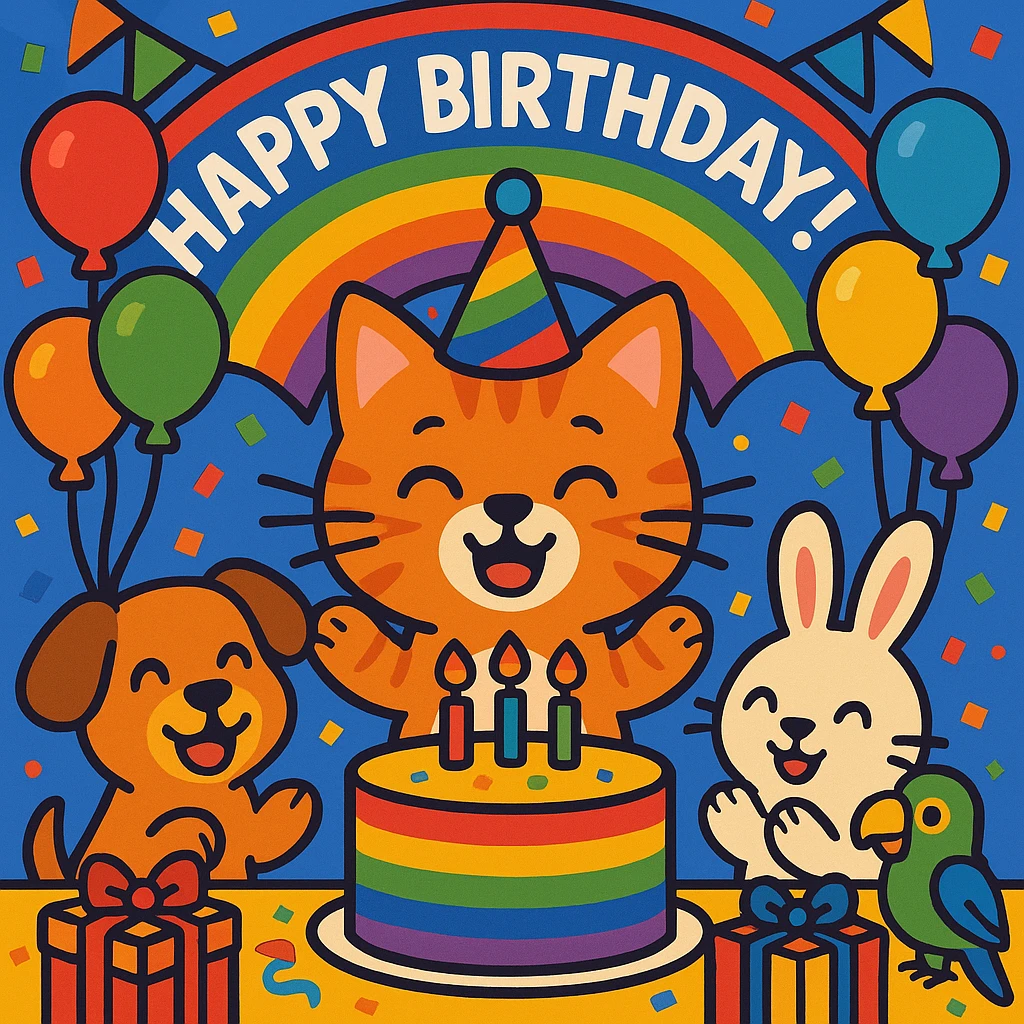 birthday party scene with a rainbow color theme including rainbow balloons, multicolored decorations, confetti, a large rainbow birthday cake, gifts, and a festive atmosphere; main character is a ginger tabby kitten wearing a birthday hat, surrounded by a puppy, bunny, and parrot also celebrating; include a prominent 'Happy Birthday!' message emoji