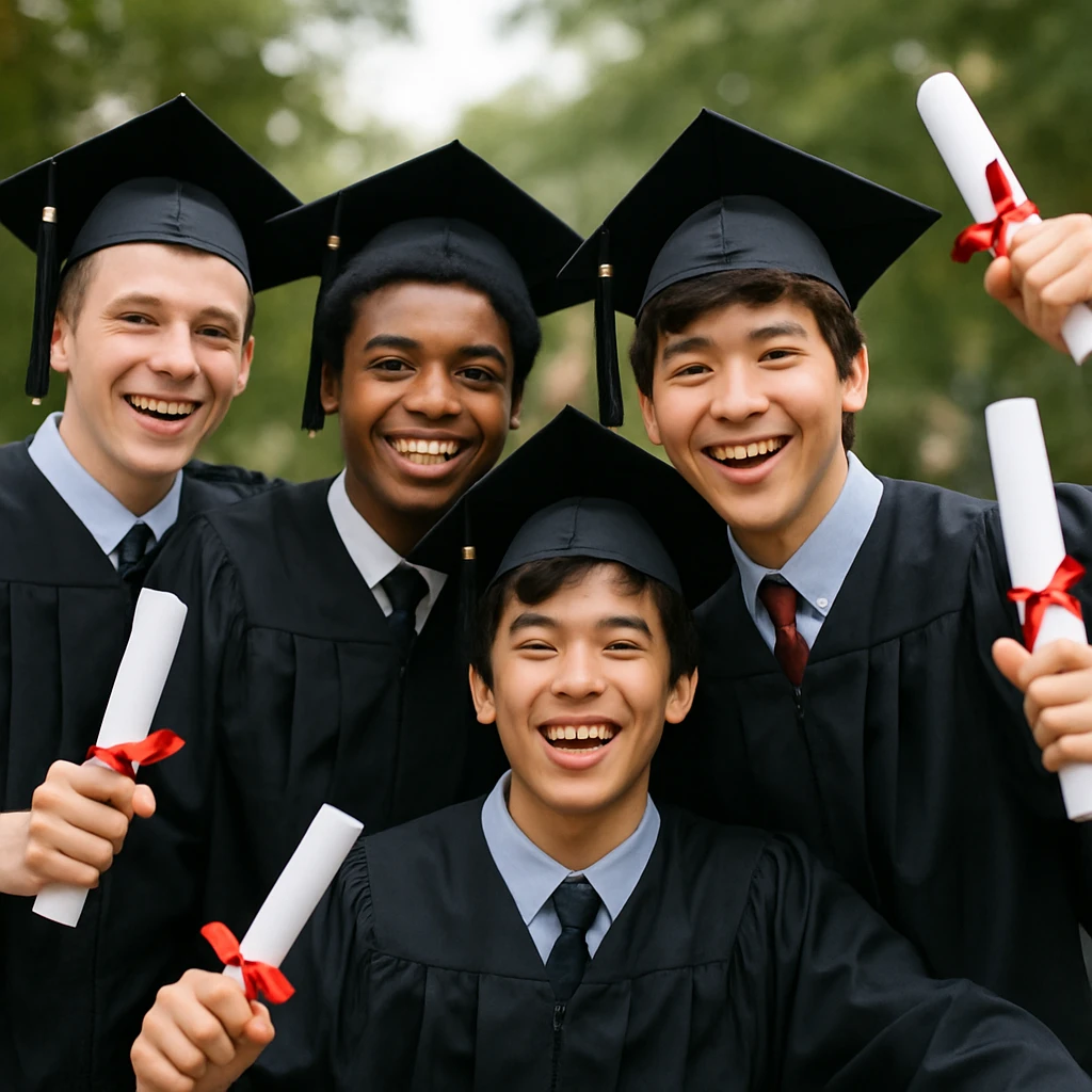 a group of happy 16-year-old young men celebrating graduation, wearing caps and gowns, smiling and joyful emoji