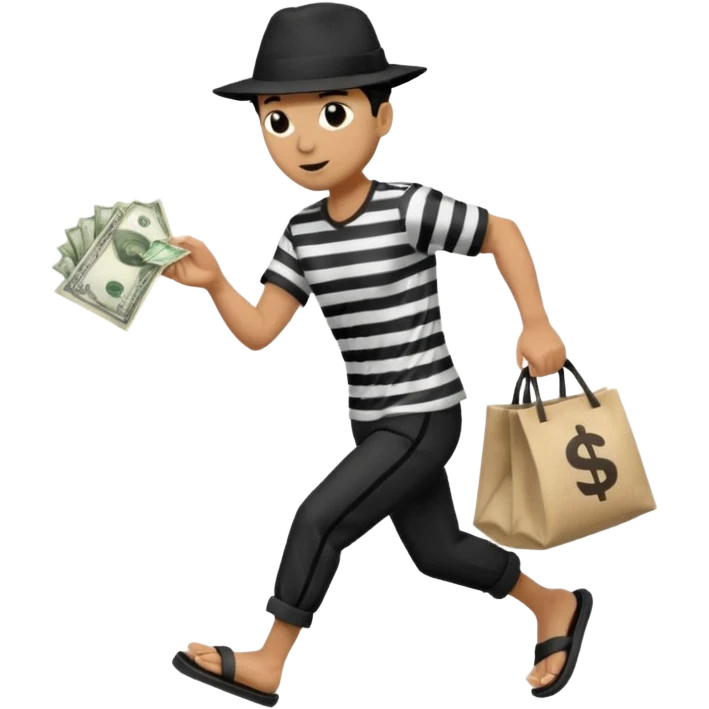 Make a man wear a black pant and he shirt is balck line and white line and wear a black hat and he holding a money bag and he running he wear a black eye thing no money in the Left hand and he yellow and the money bag in the right he wear a flip flop like this is Money bag 💰 NO MONEY emoji