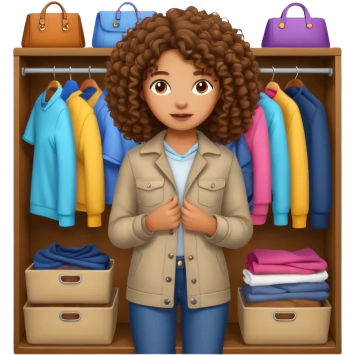 brown girl with curly hair picking clothes from closet emoji