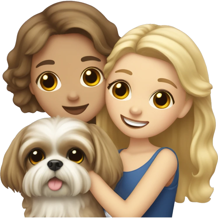 human girl with long wavy brunette hair hugging a blonde colored shih tzu girl with bow emoji