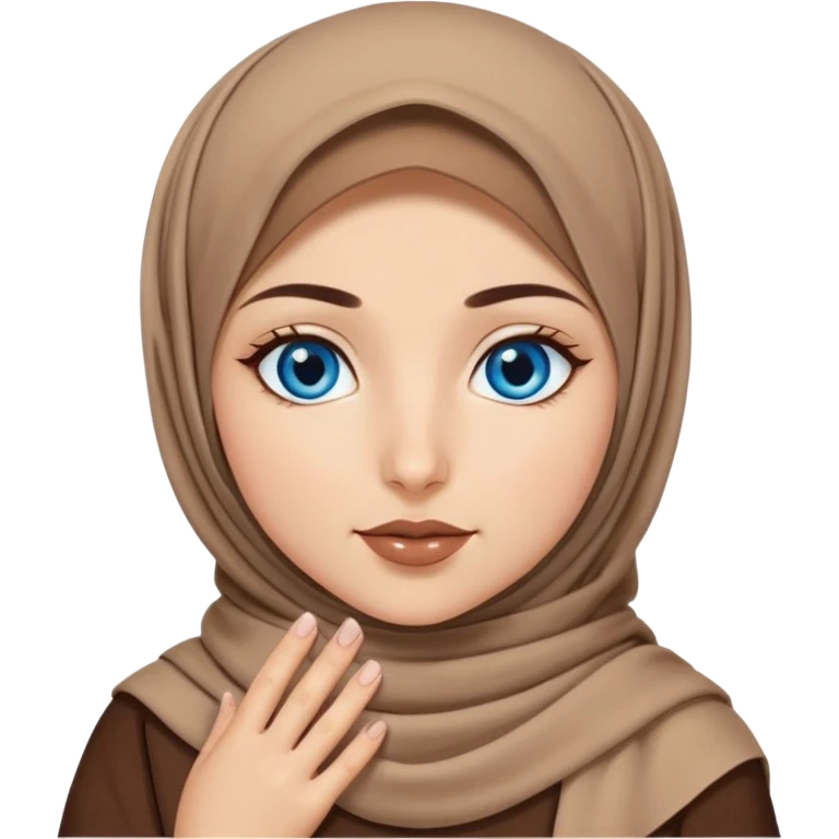 Turkish beautiful finish Konya girl blue eyes with brown beige hijab islamic dress and had on her hand brown lipgloss emoji