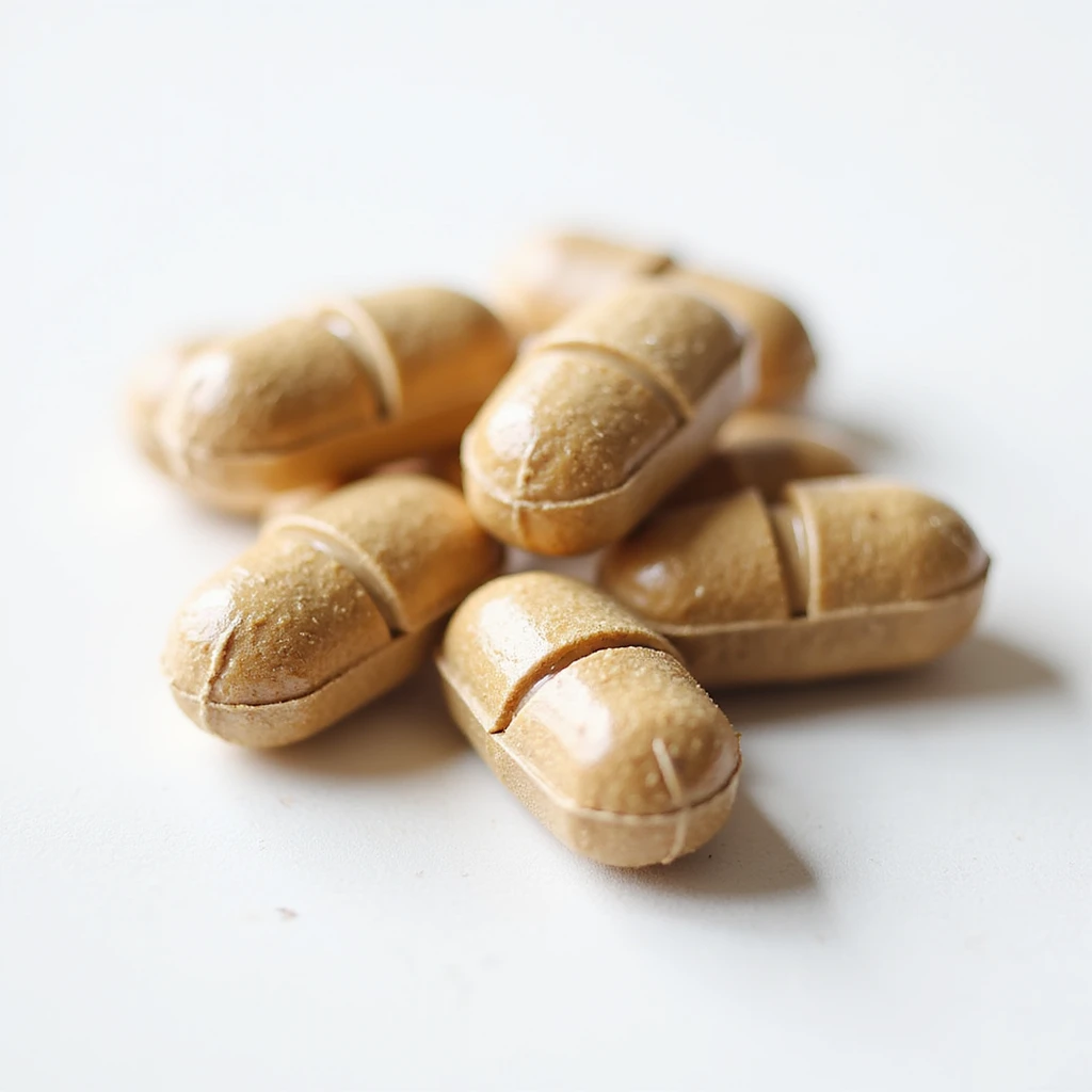 capsules or tablets of dried pig thyroid supplement, hyperrealistic 4K details, neutral lighting, isolated on white background emoji