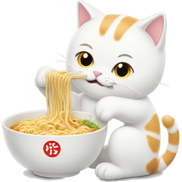 White cat eating ramen noodles emoji