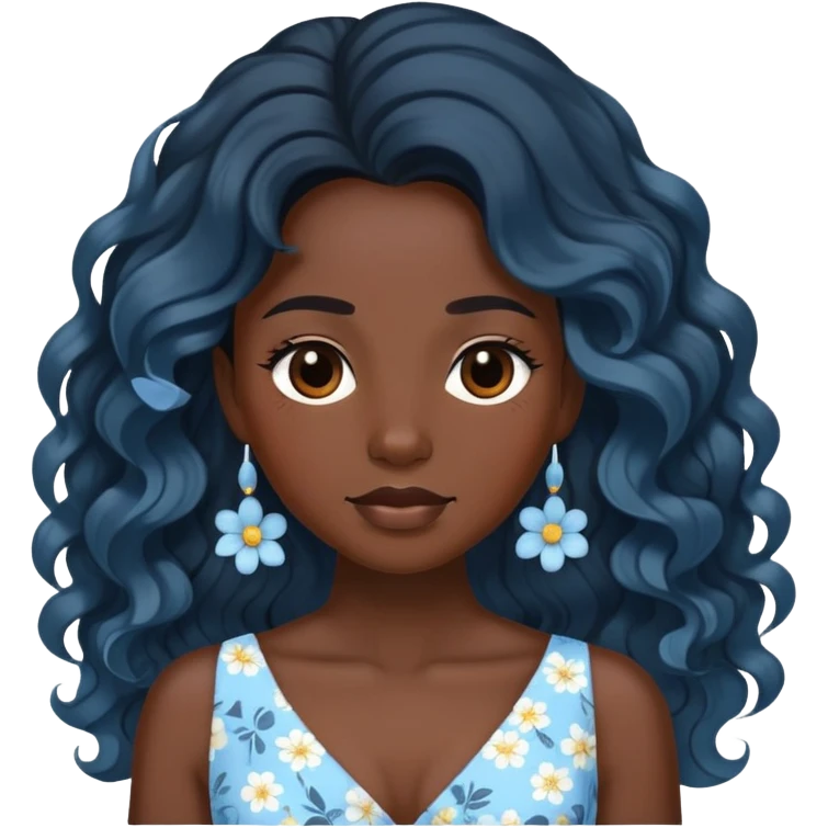 Black skin lady with black wavy long hair with a light blue flowered dress emoji