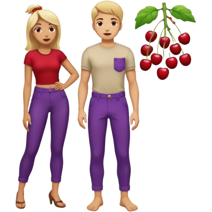 Can you merge the cherries 🍒 with 🍆 together they should hang on the body at the pocket part 🧍🏼. Together I also want to have this emoji 🧎🏻‍♀️‍➡️in front of me where she is looking at the cobbled together 🍒🍆 hanging on my pants emoji