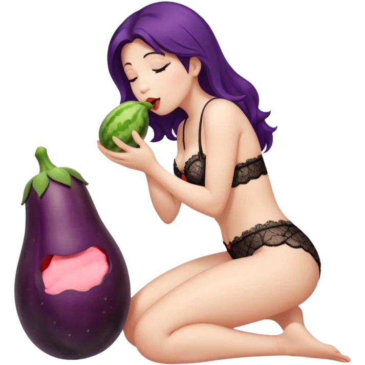 lady in lace lingerie on knees and kissing big eggplant in her mouth  emoji