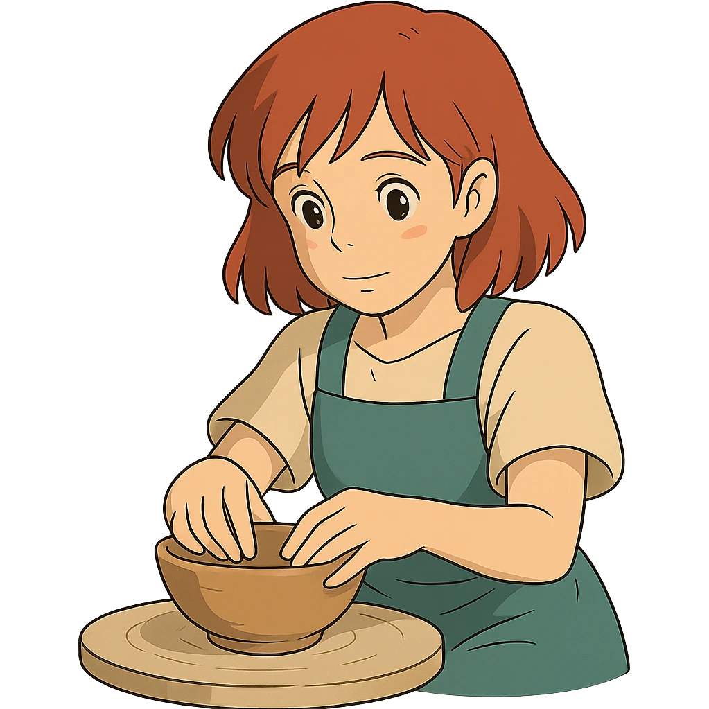 ghibli style girl with shoulder-length red hair making a bowl with clay emoji