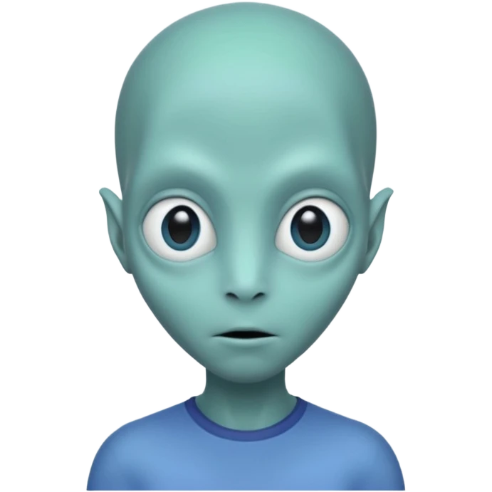 Portrait of an alien with smooth greenish-blue skin, large black oval eyes, small nose, and no visible ears, elongated head, front-facing, wearing t-shirt, soft glow, simple futuristic design emoji
