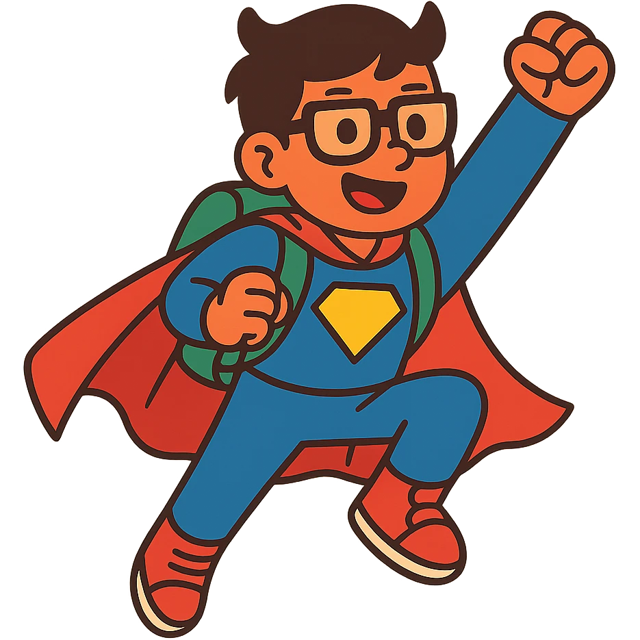 student in superhero costume, dynamic pose emoji