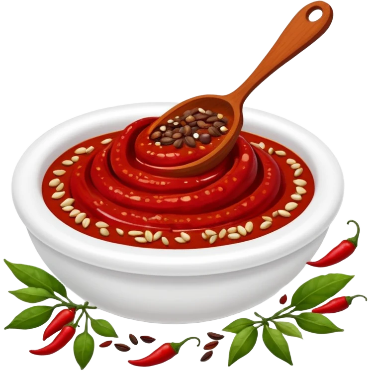 harissa paste, dollop or swirl, deep red, thick textured, glossy, uneven, flecks of chili, spices, seeds, vibrant red to crimson, clean 3D, soft shadows, transparent background, emoji scale emoji