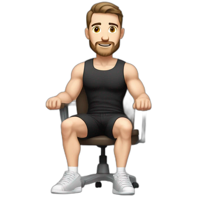 Pale skinned Fit Man With the biceps and dark brown hair in black shirt, gray sports shorts and white Sneakers Sitting on a chair emoji