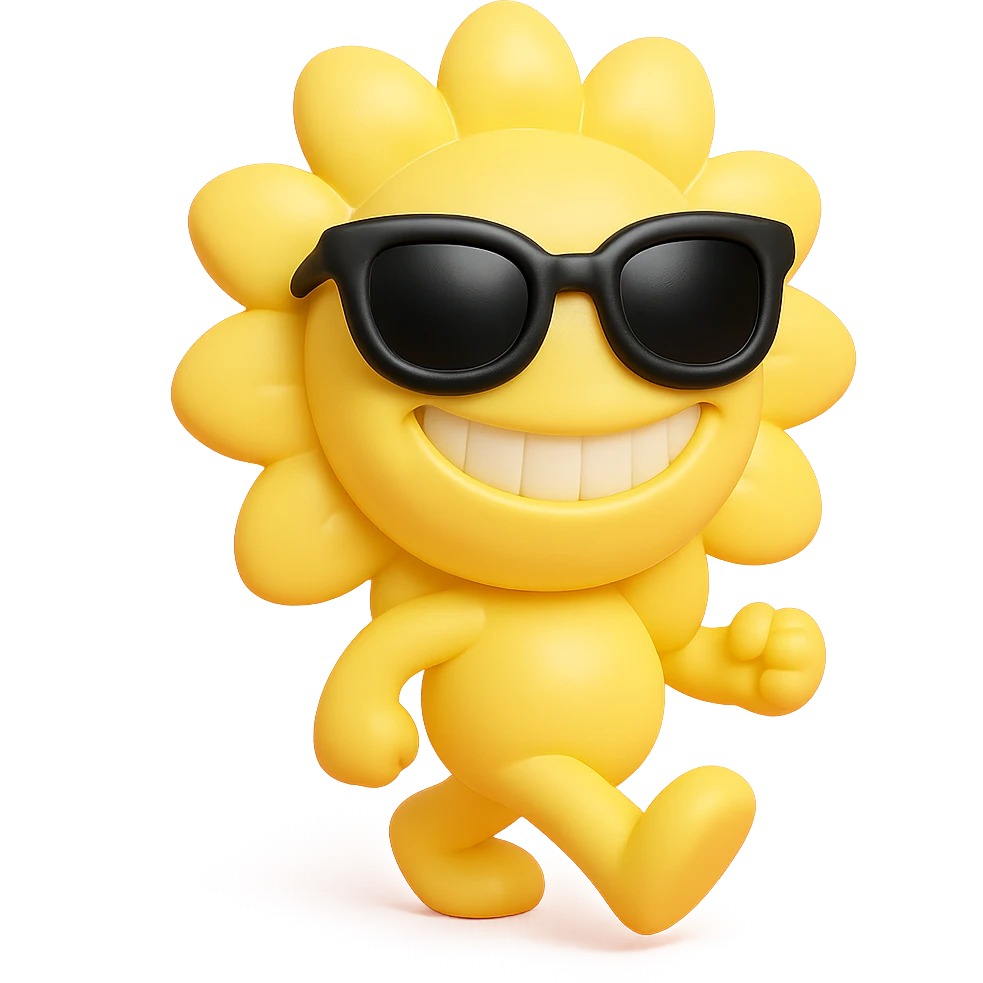 bright pastel yellow sunflower with large sunglasses, grinning proudly while strutting, round body, exaggerated confident face, vinyl figure style emoji