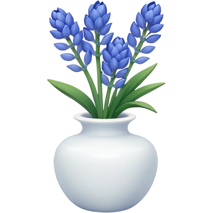 A small white ceramic vase holding a delicate blue hyacinth with soft green leaves — simple, elegant, and calming in a cozy, minimalist style. emoji