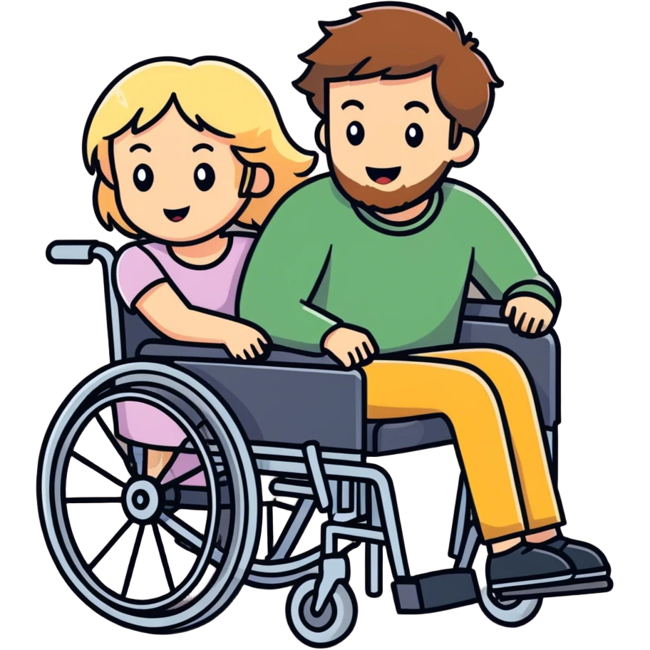 Brown haired bearded son in a wheelchair with blonde haired women pushing emoji