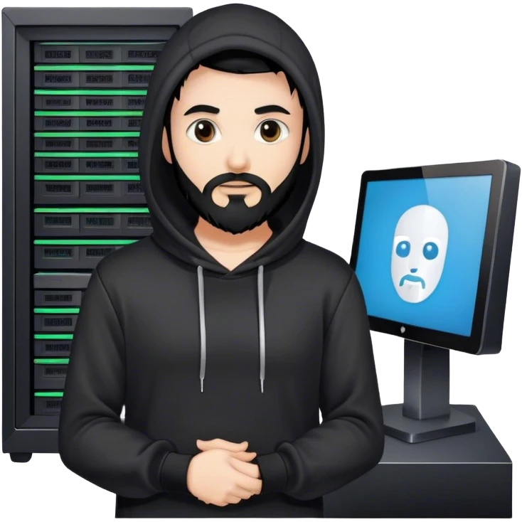 hackeur blanc cheveux noir barbe et capuche noir à côté d'un server ia emoji