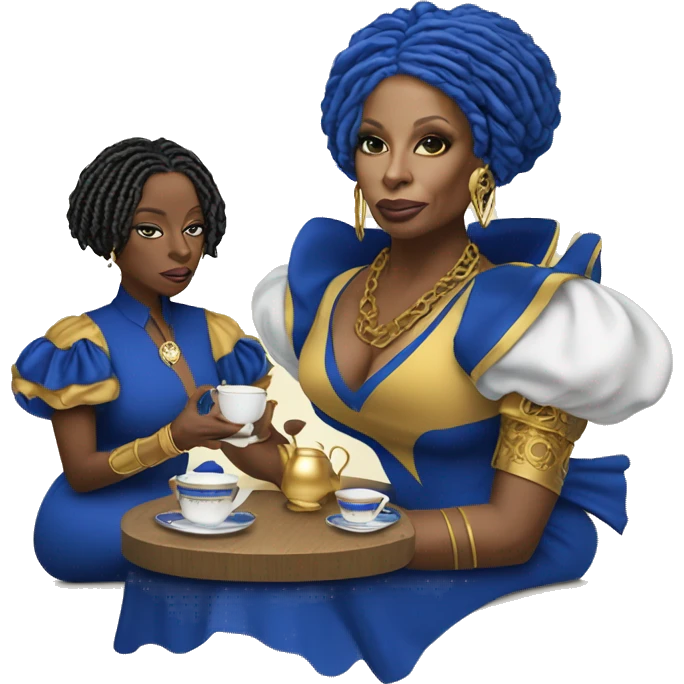 Attitude drinking tea Mary j blige with blue and gold locs wearing a royal blue and gold dress  emoji