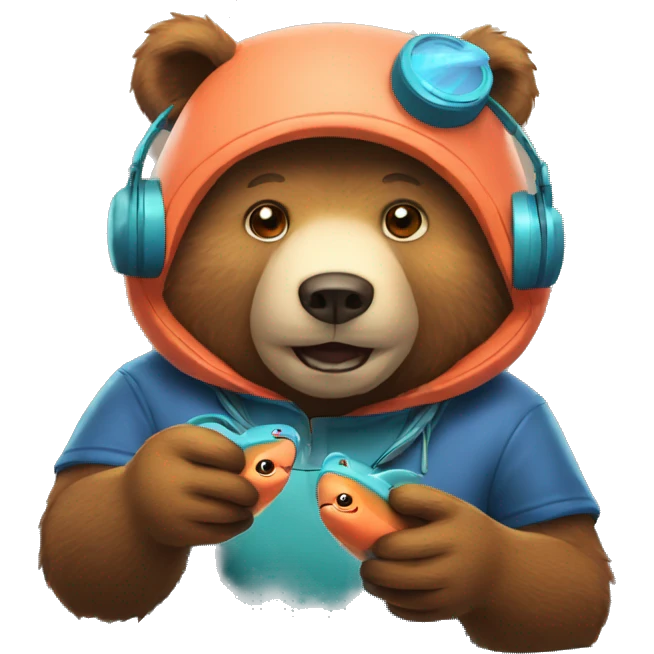 Bear wearing headset playing video game about catching salmon emoji