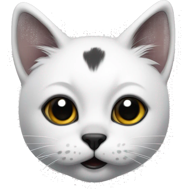 Cat with clear white face with a black mustache-shaped spot under the nose and a little on nose. Dark patches on the forehead and around the ears create a striking contrast with the white fur. emoji