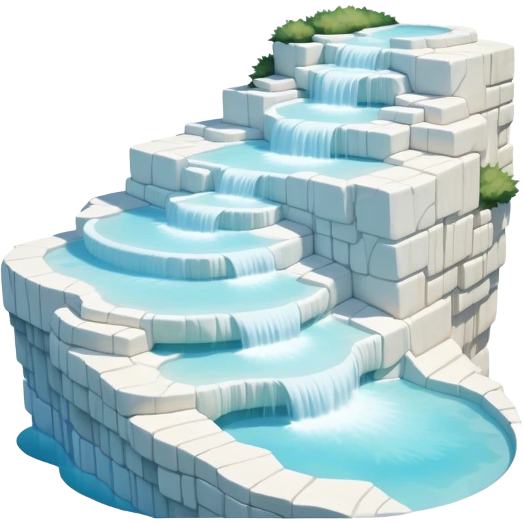 Cinematic Realistic Pamukkale Landmark Emoji, showcasing surreal cascading terraces of thermal waters rendered with ethereal textures and soft, luminous lighting. emoji