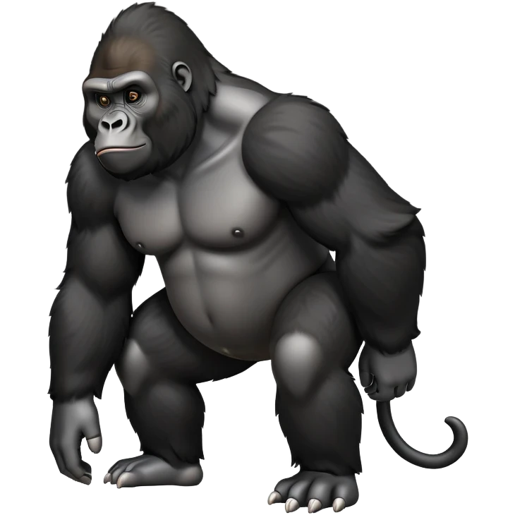 cinematic-friendly relaxed gorilla-realistic-full-body-crouched on all fours-emoji,-broad-frame-poised-with-confidence,-massive-arms-hanging-slightly-forward,-head-tilted-thoughtfully,-thick-black-fur,-deep-dark-eyes-full-of-intelligence,-simplified-yet-realistic emoji
