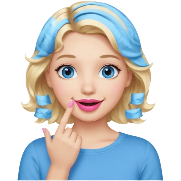 Girl Blonde short wavy hair,  blue eyes, cute blue top, long lashes, pink lips, smiling, hand over the mouth emoji