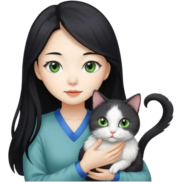 A pretty Korean woman with long black hair, white skin, holding a gray-lined green-eyed cat and a white blue-eyed blind chicken cat
 emoji