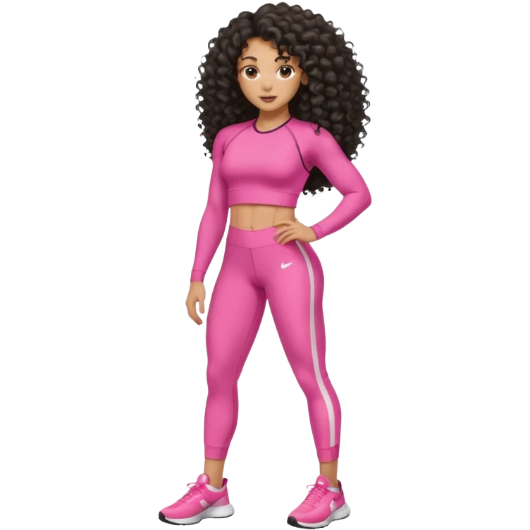 Uma mulher negra da pele clara com cabelo cacheados bem longo até a bunda  sem tanto volume no cabelo e um corpo atlético com roupa rosa  emoji