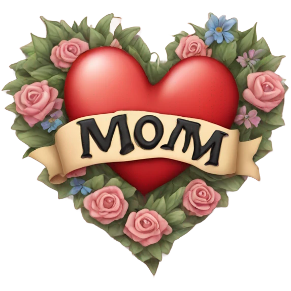 A heart tattoo with the word MOM written in a banner going across the whole heart emoji