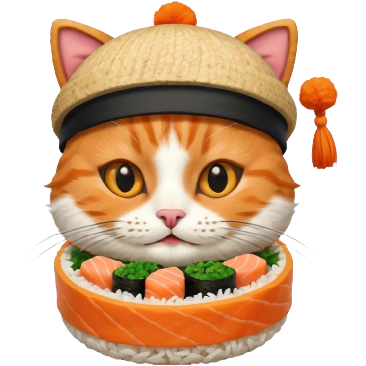 happy cat wearing a hat made out of sushi emoji