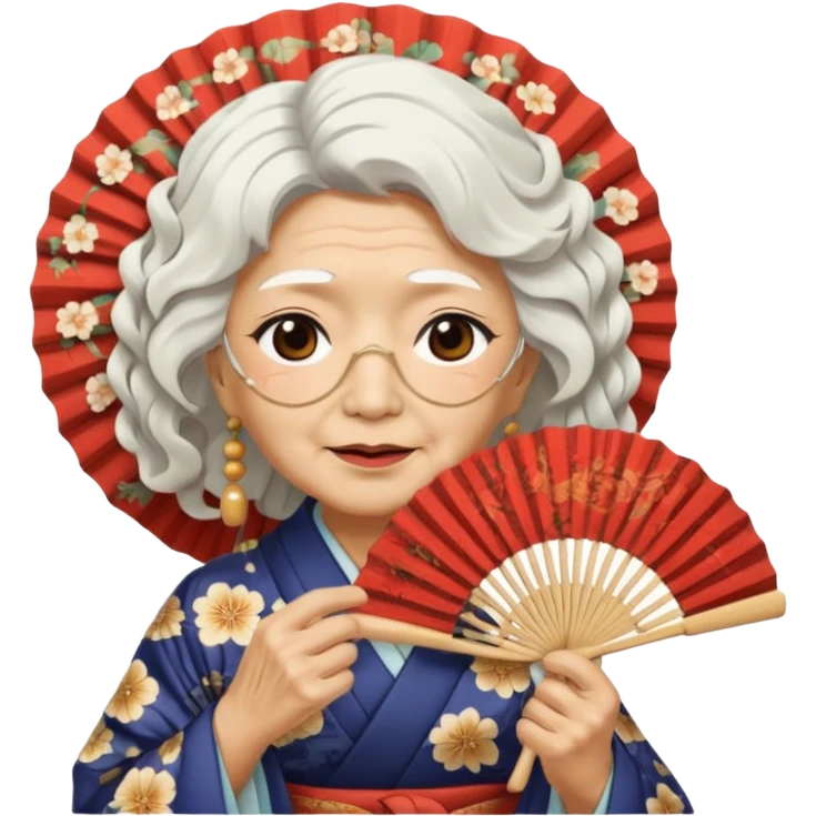japanese culture old woman with white wavy hair and wrinkles holds a fan to cover her face emoji
