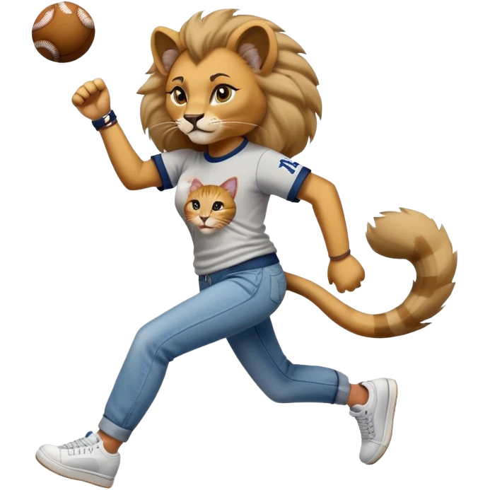 friendly anthropomorphised female lion in a baseball shirt, jeans, and trainers helping a hip-hop, RUN DMC-inspired female cat up after falling down emoji