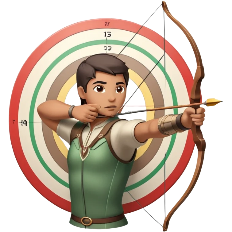 An archer drawing a bow and aiming an arrow at a target, with perfect focus and precision. The target is visible in the background, featuring concentric rings. The scene captures the concentration and skill involved in archery, emphasizing the elegance and accuracy of the sport. emoji