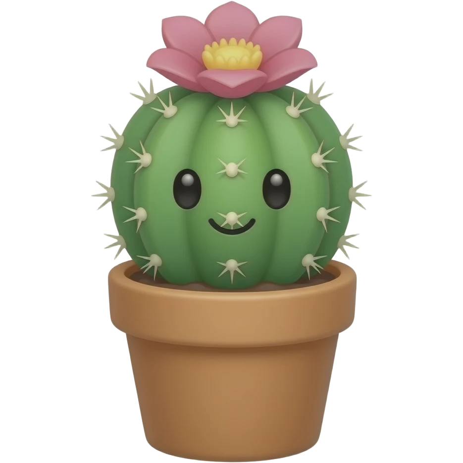 Cute indoor cactus emoji in a small pot, green rounded cactus with soft spikes, one blooming pink flower on top, warm minimal 3D style, smooth matte texture, soft shadows, centered, isolated on transparent background” emoji