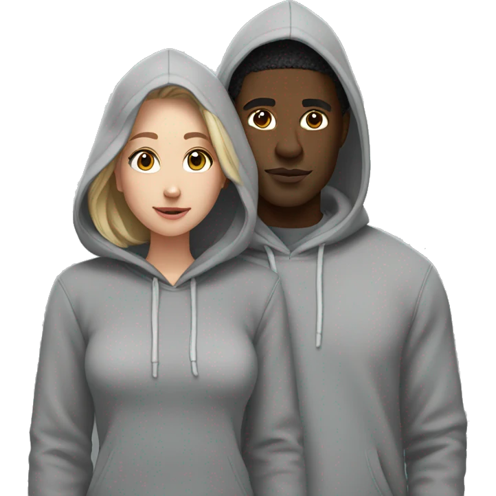 Black man and white girl couple in grey hoodies with hoods  emoji