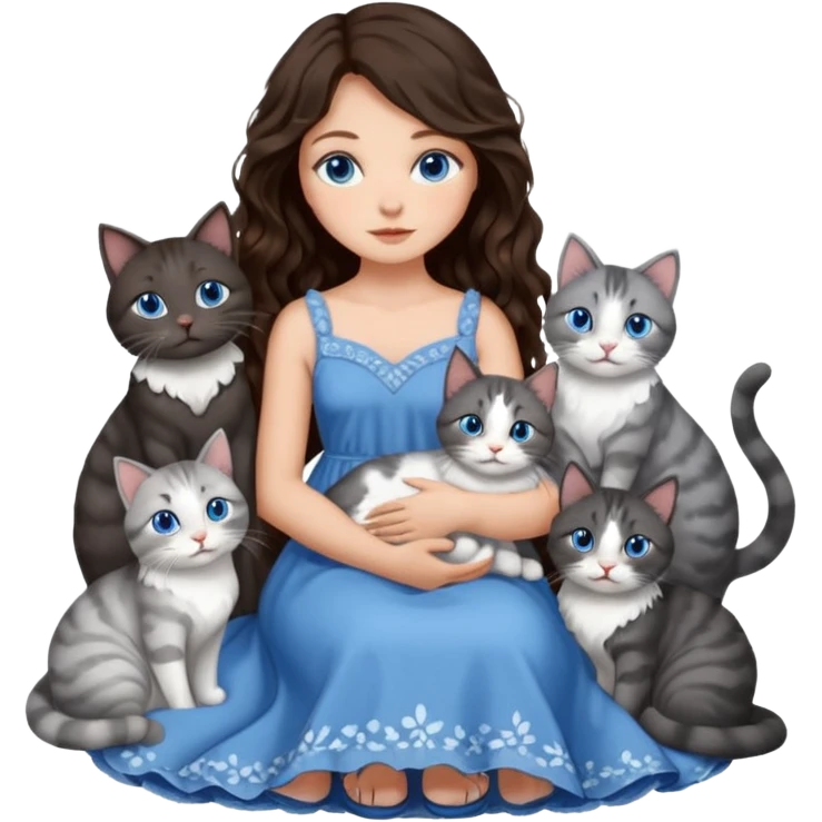 detailed realistic looking a dark grey and white cat regally sitting with six other cats, cuddling with their owner who is a pretty bratz lightly tanned white girl with long dark brown hair, blue eyes and gorgeous long wavy hair wearing a pretty detailed dress emoji