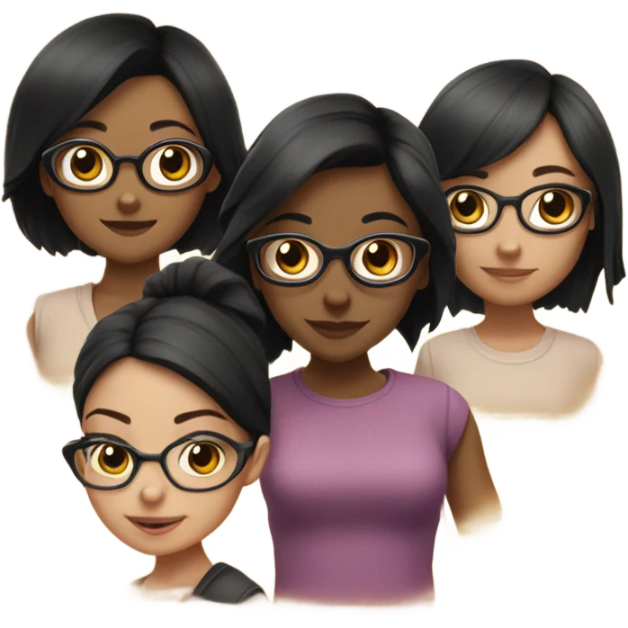 A group of 5 girls consisting of 3 girls with medium-length black hair including one wearing glasses and two dark brown-haired  emoji