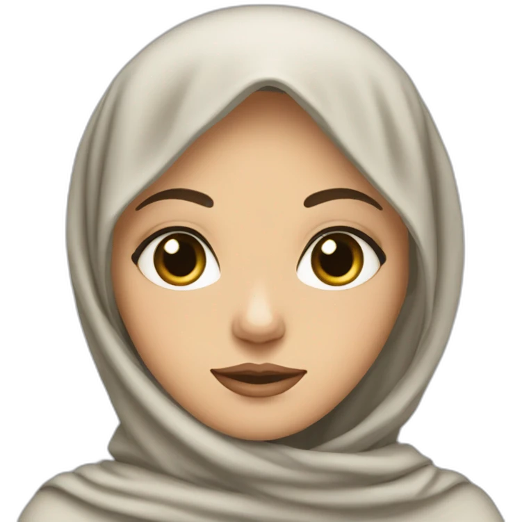 A mixed-race white woman wearing hijab with big black eyes and a lock of curly hair sticking out of her hijab. emoji