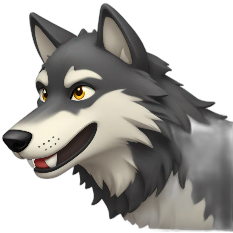friendly dark wolf head in profile looking to right with open mouth smiling and blinking with on eye emoji