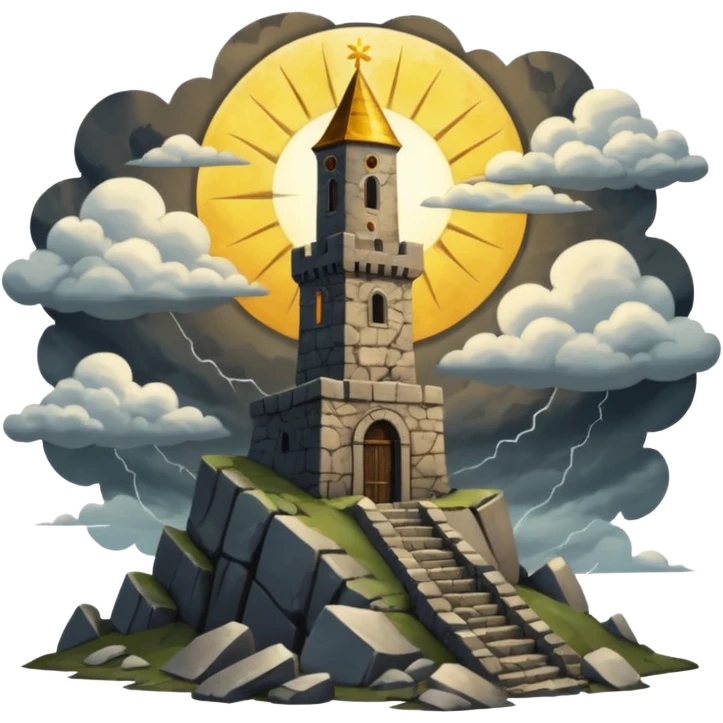 The tower tarot card lighting clouds and sun emoji