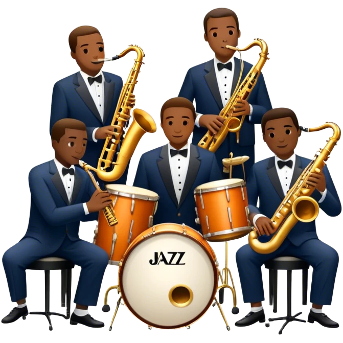 Icon for Jazz Music: The Jazz Messengers, featuring a dynamic composition with Art Blakey on drums and musicians playing saxophone, trumpet, and piano. Musical notes and a warm jazz club atmosphere emphasize the vibrant hard bop style. Transparent background. emoji