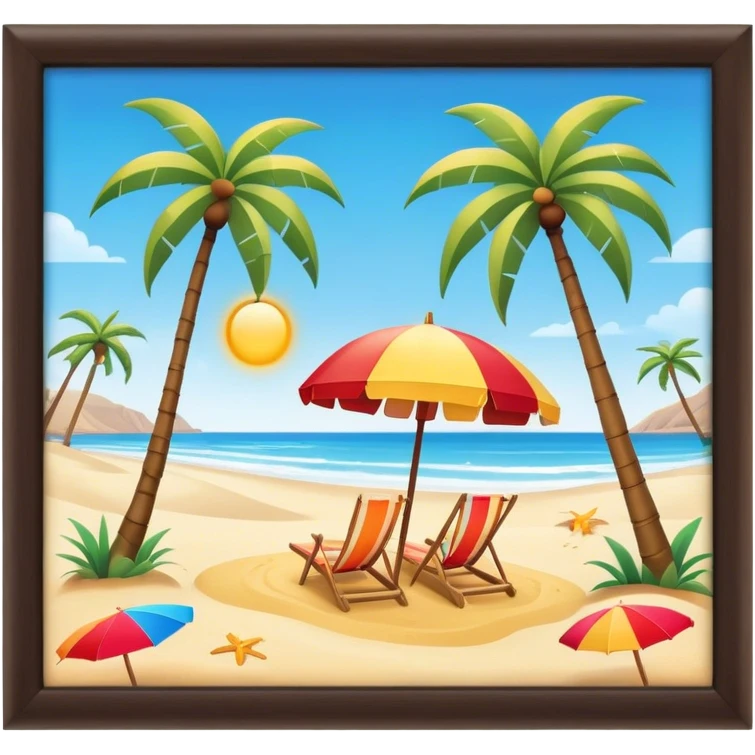Cinematic Realistic Beach Emoji in a wooden frame, Sunny and bright, with soft golden sand stretching as far as the eye can see, gently lapping waves crashing onto the shore, and a clear, blue sky above. Palm trees sway in the warm breeze, and colorful beach umbrellas dot the landscape. Soft glowing outline, capturing the essence of a relaxed, joyful beach day filled with sun, sand, and surf! emoji