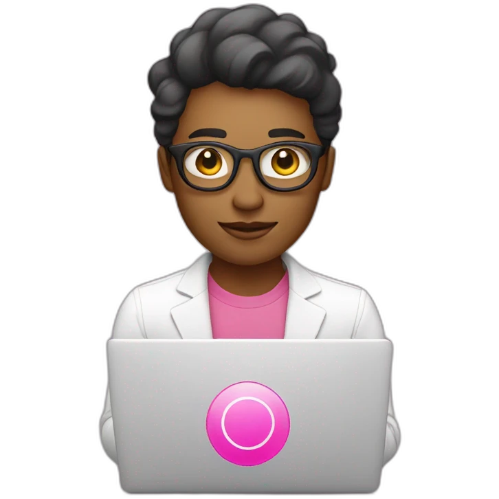 designer with laptop which have a pink circle logo emoji