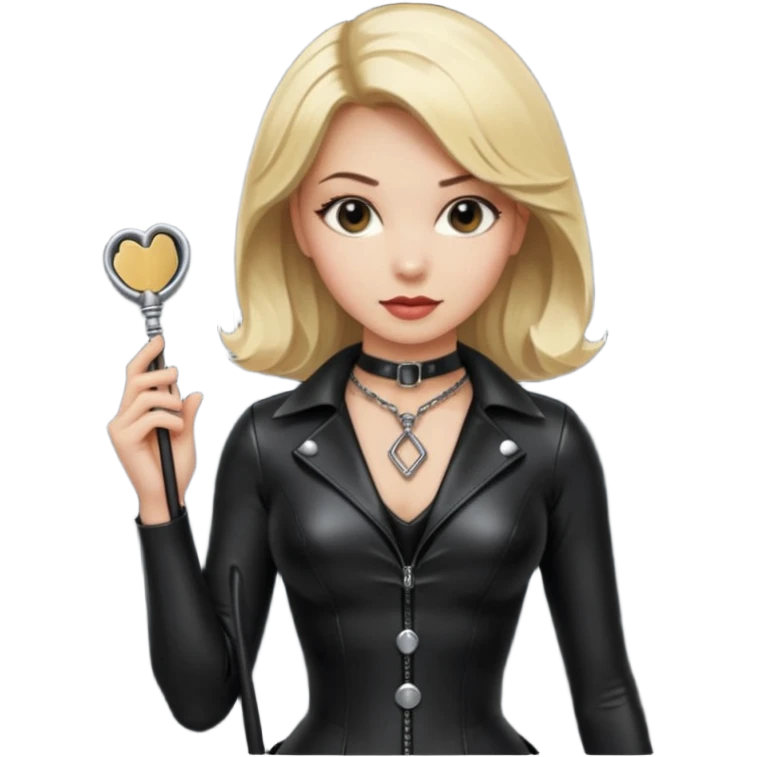 Dominatrix with blonde hair, latex outfit, old fashioned key necklace, and a whip emoji