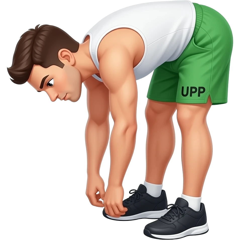 guy-in--green (#15ef98 rgb(21, 239, 152)) shorts --white-tank top-and-shorts-standing-up,-bending-down-to-touching-toes-(stretching-down-by-touching-both-feet-_-toes-feet-together-not-split-apart-with "UPP"_-written-on-his-shorts in black. black gym shoes emoji
