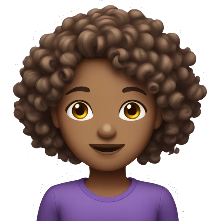 Curly brown haired girl with freckles wearing purple emoji